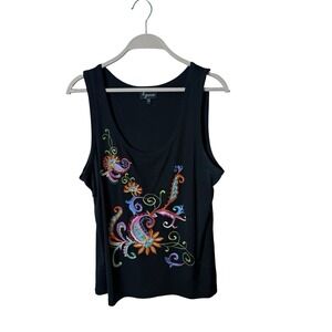 lynn ritchie sz large black sleeveless tank embrodiered beaded‎ flower paisley